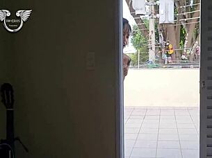 Hot spying neighbor balcony threesome action
