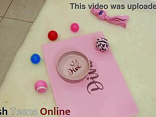 Submissive teen swallows deep cum then laps from bowl homemade