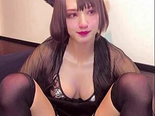 Sexy cat ear ladyboy masturbates live on cam