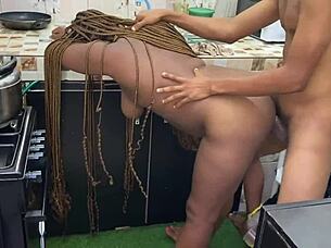 Adam pounds ebony big tits babe doggystyle kitchen creampie