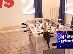 chubby lesbian milfs dive into lusty pool table muff diving and licking