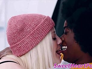 Cute white girl licks black muff diver's small tits