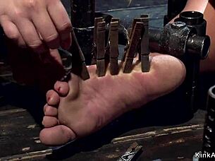 Busty Brunette Bound in Lezdom Device for Rough Whipping