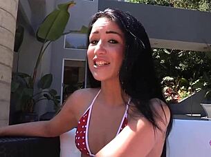 two brunettes kiss poolside then finger lick pussies outdoors