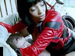 shaved brunette teases lick pussy then rides cowgirl bent over doggystyle cum on big tits