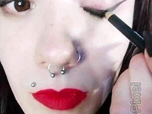 hot brunette backstage dirty fun with lipstick tongue piercing 😘👅