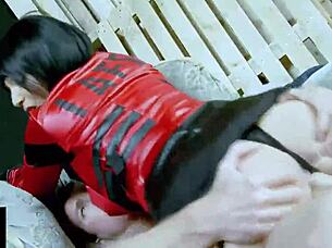 shaved brunette teases lick pussy then rides cowgirl bent over doggystyle cum on big tits