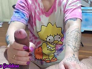 curvy brunette milf goddess slurps big cock with wet handjob worship