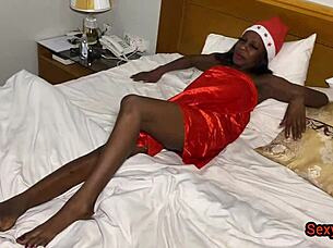 Skinny ebony beauty unwraps her tight pussy as Xmas gift for BBC boyfriend