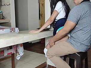 perverted guy begs her to sit on lap for hungry pussy eating