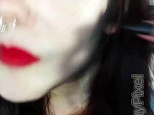 hot brunette backstage dirty fun with lipstick tongue piercing 😘👅