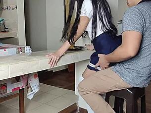 perverted guy begs her to sit on lap for hungry pussy eating