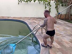 hot boss pays tiny pool boy with her wet pussy