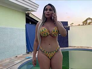 hot boss pays tiny pool boy with her wet pussy