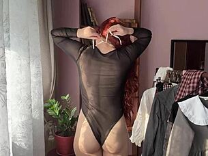 cute skinny redhead nerd in stockings teases small tits ass solo