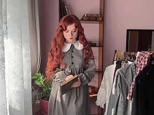 cute skinny redhead nerd in stockings teases small tits ass solo