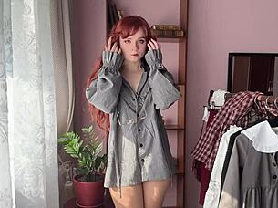 cute skinny redhead nerd in stockings teases small tits ass solo