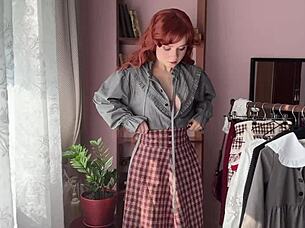 cute skinny redhead nerd in stockings teases small tits ass solo