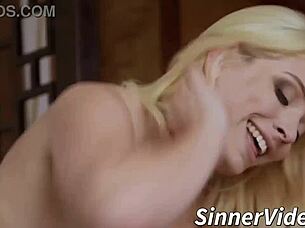 Bimbo blonde with big tits fucks bald guy cum on tight pussy