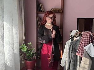 cute skinny redhead nerd in stockings teases small tits ass solo