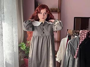 cute skinny redhead nerd in stockings teases small tits ass solo