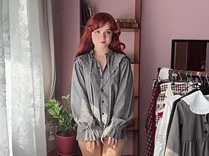 cute skinny redhead nerd in stockings teases small tits ass solo