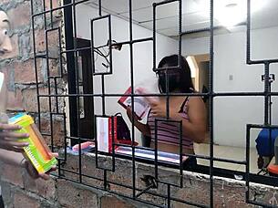 Salesman tempts horny latina with huge toys for wild masturbation