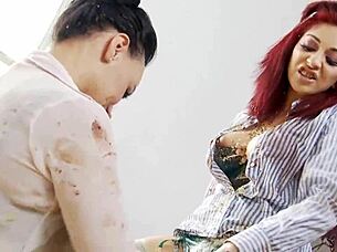 lesbian redhead brunette food fight ends in dildo fun