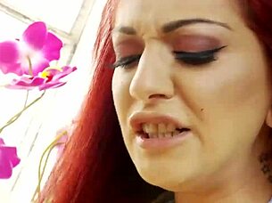 lesbian redhead brunette food fight ends in dildo fun