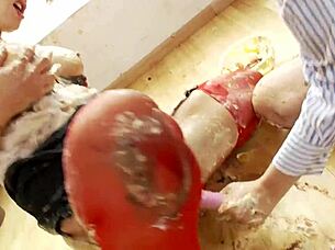 lesbian redhead brunette food fight ends in dildo fun