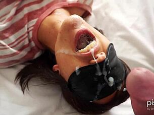 blindfolded sub drinks piss before huge facial cum mouthful creampie