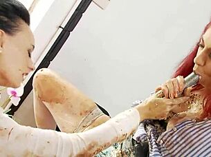 lesbian redhead brunette food fight ends in dildo fun