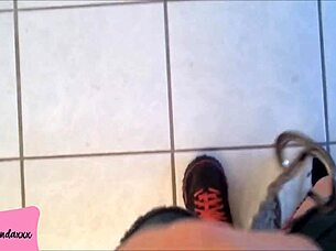 Goddess makes toilet dog worship feet while pissing in bathroom