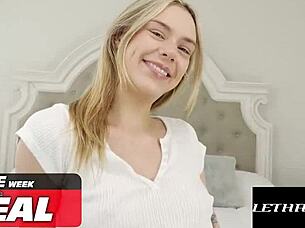 Slim tattooed babe Dylan Moore slurps and rides massive cock sideways