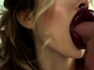 bimbo deepthroats with red lipstick cumshot facial finish