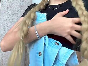 Cute blonde rubs clit and squirts in garden