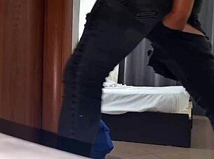 jeans ripped for anal finger tease and huge cock bounce