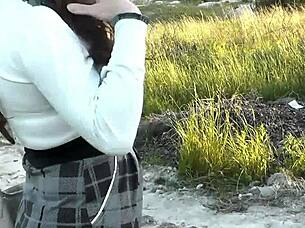 street stranger jerks off cumming in hot brunette milf's shaved panties public