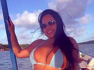 Feels so intense watching this bikini-clad Brazilian latina wife ride on the boat!