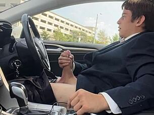 Stroking my throbbing monster cock in the car