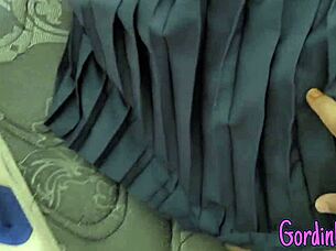 Busty Brazilian milf fingering wet pussy in lingerie as lover cums on panties avoiding pregnancy