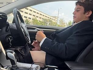 Stroking my throbbing monster cock in the car