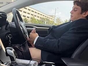 Stroking my throbbing monster cock in the car