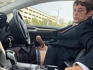 Stroking my throbbing monster cock in the car