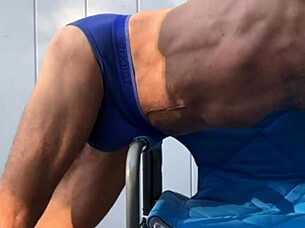 skinny girl stretches deep in blue briefs flashing socks