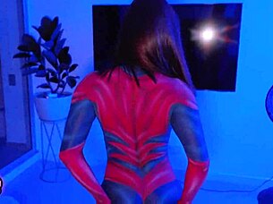 Hot spiderwoman cosplay rides fan's big cock cowgirl until wet pussy cumshot