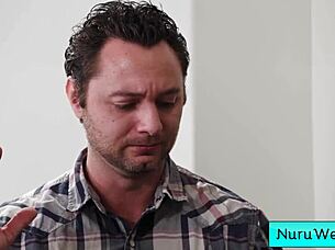 sexy asian teen slathers nuru gel for wet naked massage