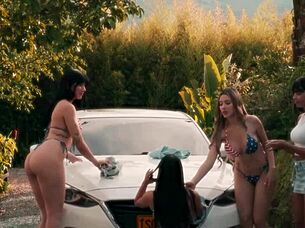 damn, these sexy latinas squirt hard while washing cars wet
