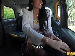 Tall French milf sex coach rides driver wildly in taxi creampie finish!