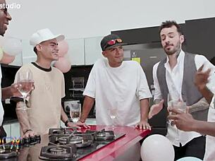 Sensual stripper Emma Smak endures DP gangbang from five guys